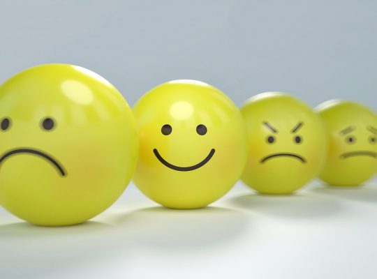 面部表情、肢体表情与数字emoji三种表情类型的对比示意图，蓝色科普风格，展示人类情感表达的多元维度
